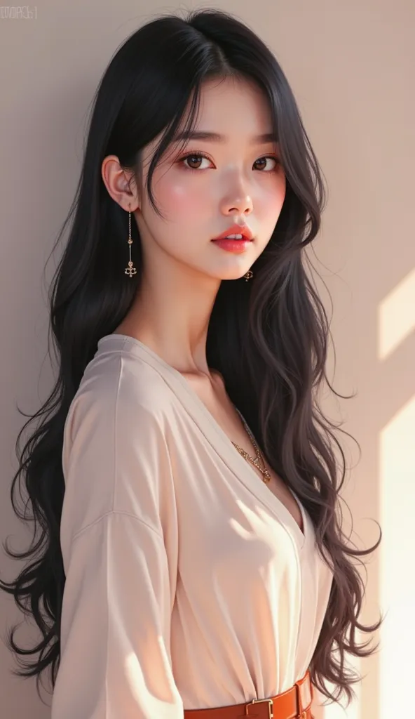 photorealistic, medium body shot, 1female,  Hana Lee [2] = 19 [3] = South Korean [4] = Hana has large, expressive brown eyes, a small, delicate nose, and naturally pink lips. Her long, silky black hair is usually styled in a chic, straight look that comple...