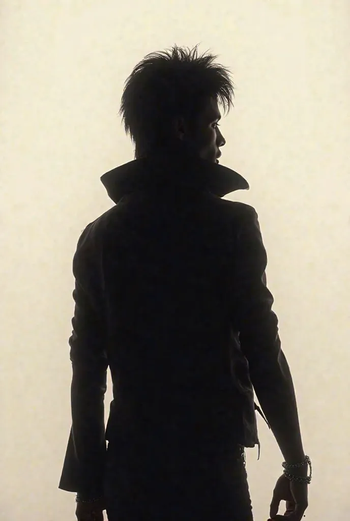 Silhouette of prince from back. We see only his back 100%. He has straight low-cut hair. His hands are down and in his right hand there’s a crown which he hold lightly 