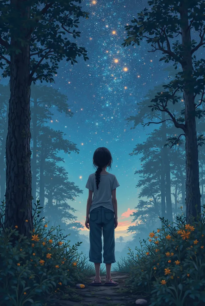 The protagonist is reminded of the vastness of the world, as the stars shine brightly, reminding them of the quiet serenity of nature.

 The character is a girl In summer in forest
Long sleeve T-shirt and long pants