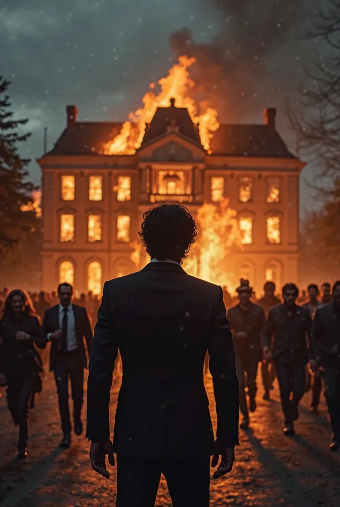 Black-haired man in suit stands in front of burning rich mansion at night.
People run to him on both sides. On the left, some handsome men and women run from left to right. And on the right, typical villains and women run towards him from right to left.