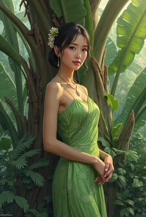 A woman in a green Thai dress in a banana tree