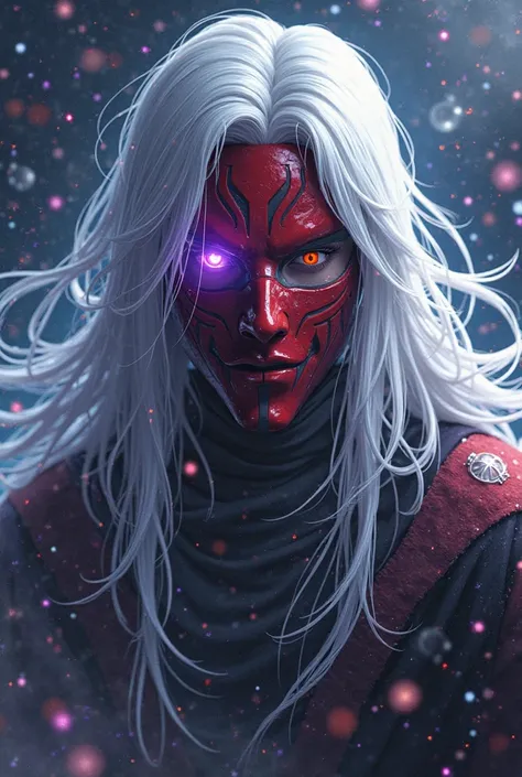 Play a male game character with long hair, white, wearing a red Oni mask covering the upper part of the face and in this eye mask shining purple behind a galaxy filled with stars and cosmic dust
