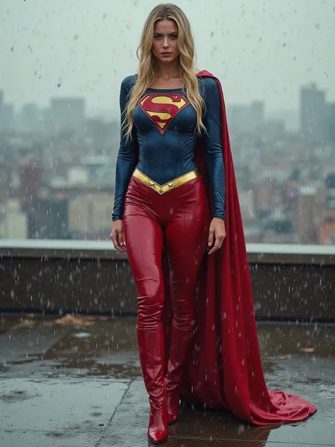 Supergirl Gal Gadot in wet Supergirl costume,  deep V-neck, tight red wet leather pants, red golden high-heeled wet leather boots, Splashing water from the side, long wet blonde hair, big breasts xxl, super sexy Supergirl sign on the front of the costume, ...