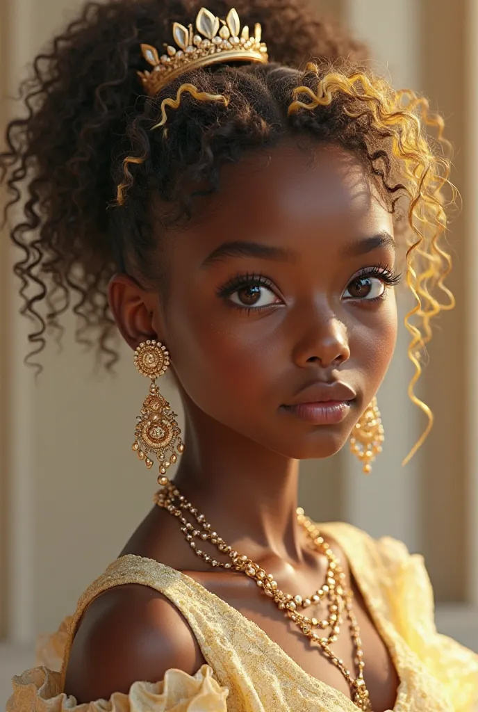 An image that simulates a photo of a modern-day princess, Girl with dark skin color , drooping eyes, curly hair with blonde or platinum yellow highlights