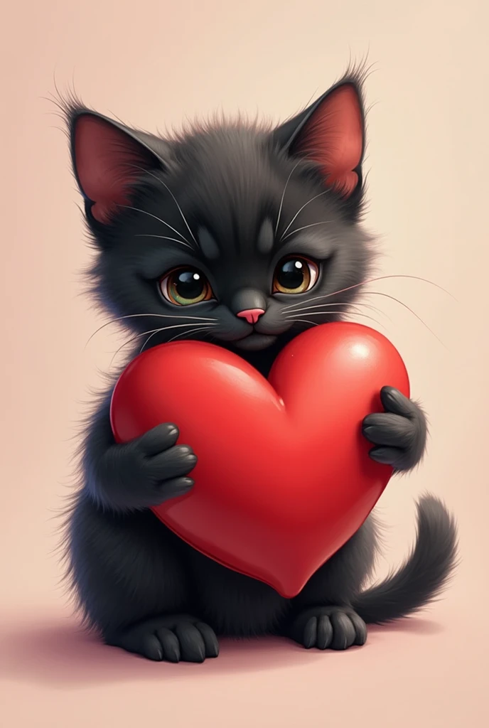 A black kitten hugging a red heart and in love