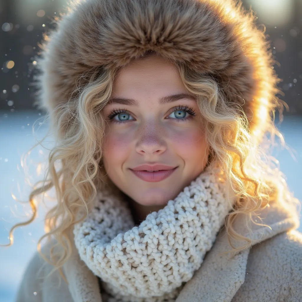 Winter portrait, young woman, fur hat, blonde curly hair, bright blue eyes, soft smile, white coat, scarf, golden hour lighting, bokeh background, outdoor scene, frosty atmosphere, close-up, high detail, warm tones, cinematic look, shallow depth of field
