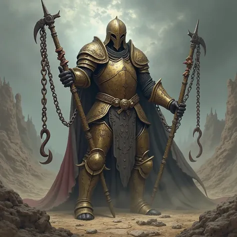 evil knight of avarice, with ancient bronze and copper armor, and a chain with hooks as a weapon