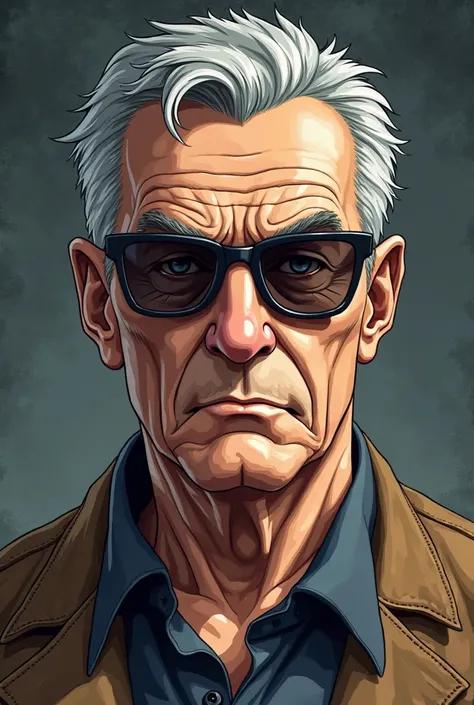 Man with very short gray hair. 40 years. Serious cartoons.  with sunglasses. broad face