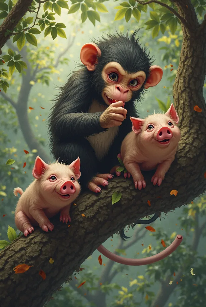 A monkey eats pigs in a tree