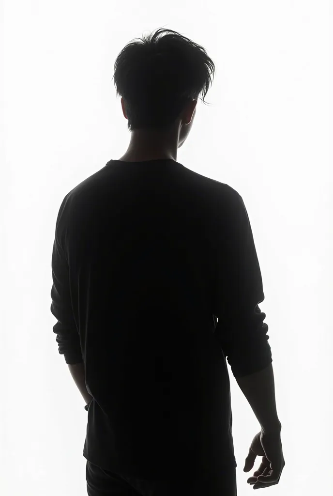 Silhouette of prince from back. We see only his back , The background is all white, only his silhouette is 100% black. He has straight low-cut hair. His hands are down and in his right hand there’s a crown which he hold lightly 