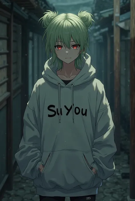 make me a depressed anime guy in a hoodie with a light green hair in a bun and put a name on the hoodie “su you” and make the background japanese style dark aesthetic