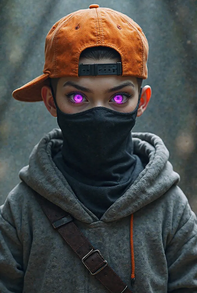 She is a character from FF she has no hair wearing an orange cap on the back she wears a sweatshirt Gray has eyes she has fire but purple she wears a black mask 