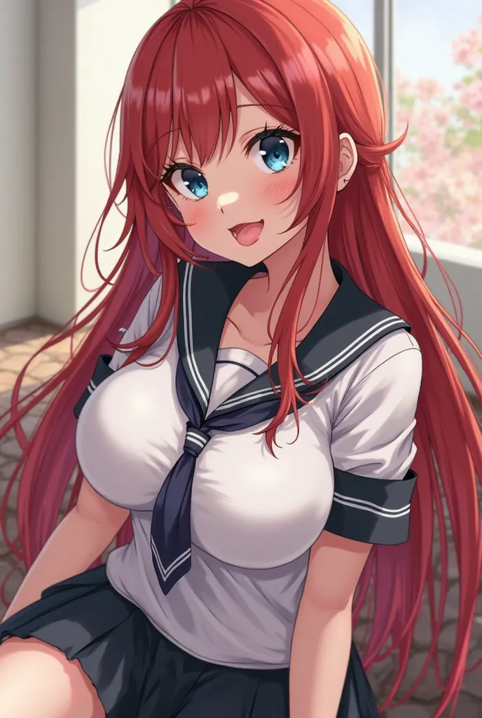 Hair: long, smooth and voluminous, in a vibrant shade of red. The length goes to the middle of the back, with a slight wave at the ends.
face: Rias has a delicate face, with soft and feminine features. Her eyes are large and expressive, of a deep blue tone...