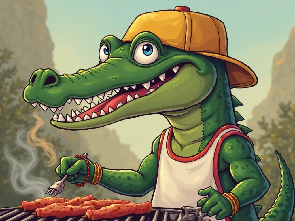 adult toothless alligator in cartoon style, with a yellow cap facing backwards, with a white and red tank top, blue eyes, showing a big smile showing toothless gums, with a Bob Marley bracelet and barbecuing