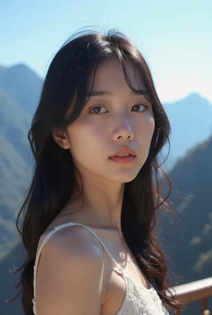 A delicate portrait of a young Korean woman with straight black hair, smooth skin and serene expression . Her face is illuminated by a soft, natural light, highlighting delicate features and deep eyes. The image captures some of her shoulders, revealing a ...