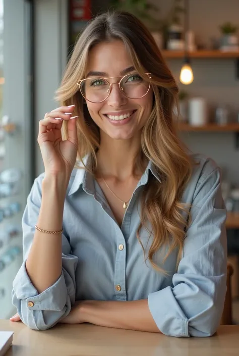 Please take an extremely natural and real photo of a woman, To be an optician,  that is, Sell glasses at a preferred optician that is seated behind a counter. Let it be real, Looking like a 30-year-old without being so pretty