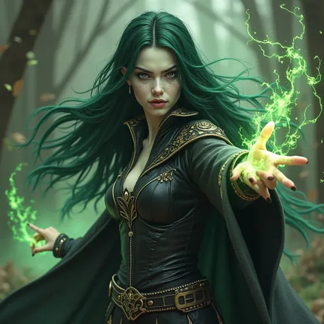 Create a female wizard between an elf and an alien,  with very long dark green hair, He has white skin and very big, feline eyes, Under the eyes there are freckles of different colors. She is dressed in a dark leather suit and tight with gold drawings. You...