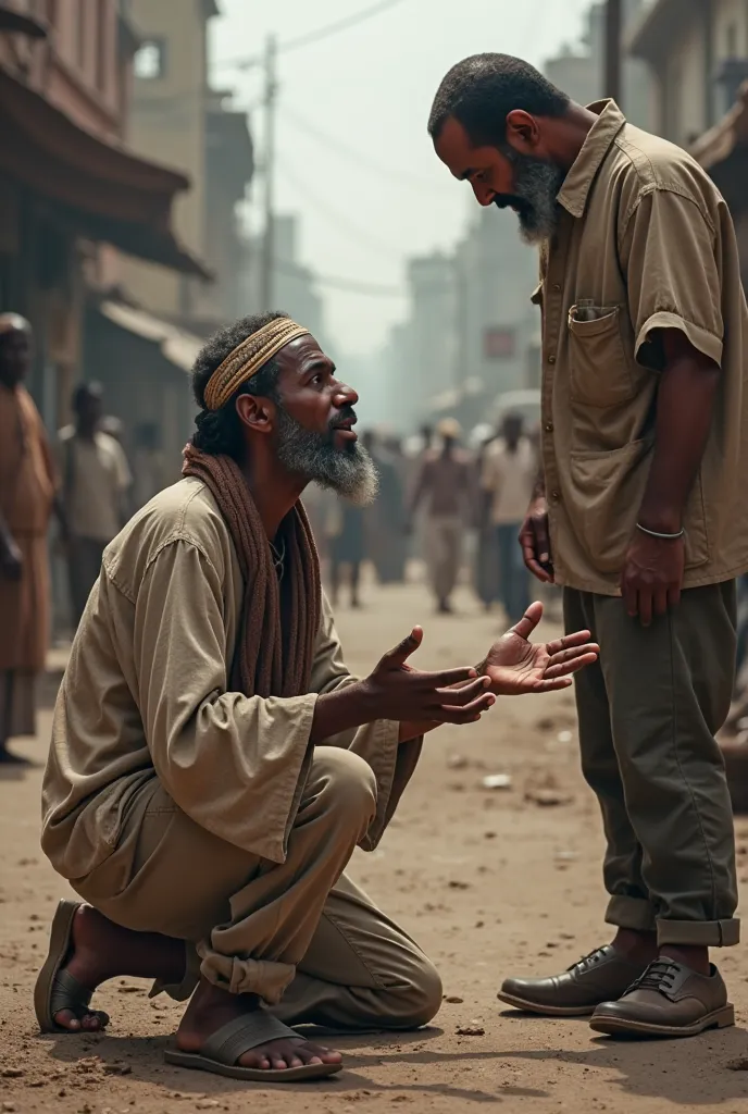 A Somali man begging another man