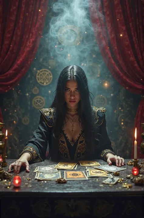 

"A fortune teller in a mysterious, candle-lit environment, with a dark wooden table full of scattered tarot cards.  She has long, dark hair , wears esoteric clothes with gold details, and her eyes are deep and penetrating. In the background, there are re...