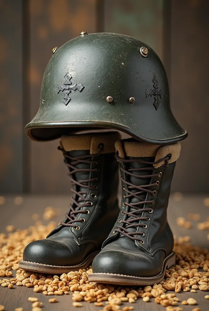 Make an image of a German WW2 helmet with shoes, like those meme images with a cereal pack with a hat, But instead of cereal, is a German WW2 helmet

Aliás, The image has to be realistic and the camera in the image must be kind of on top of the helmet 