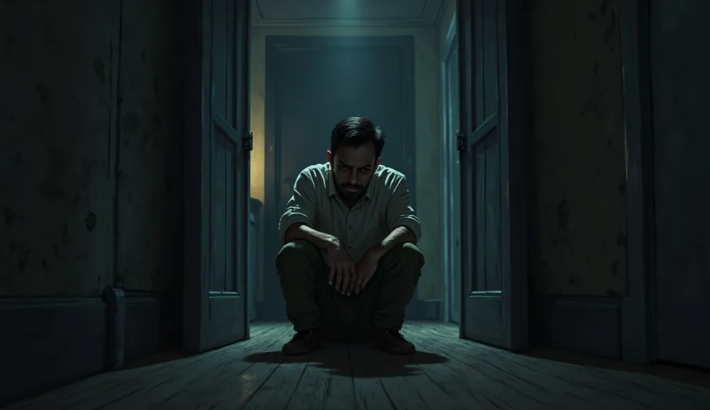 A father sitting between two ren's bedrooms at night, looking devastated