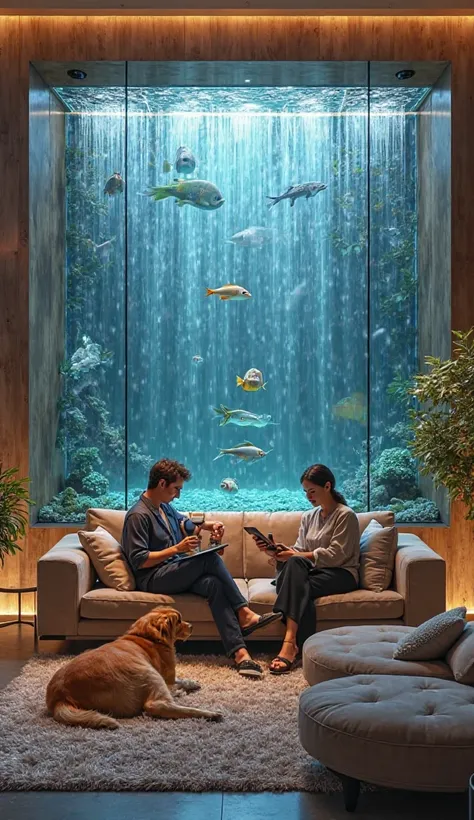 A highly detailed, ultra-realistic luxury living room featuring a full glass wall with a cascading waterfall and a floating aquarium. The water flows smoothly down the transparent surface, reflecting the warm ambient lighting of the room. Inside the floati...