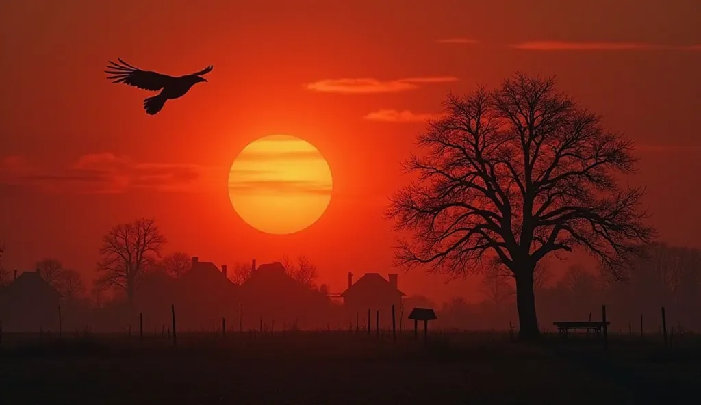 In a village at sunset time a lonly crow flying to go sunset, at the crow's back a big tree standing there and Infront of the crow the village is very dark and the sunset is very red - orange with high deep orange contrast 