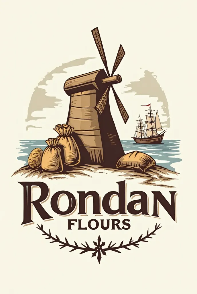 A logo of a flour mill, flour sacks, spikes and a ship in the distance and on the edge that puts Rondan flours in Spanish 