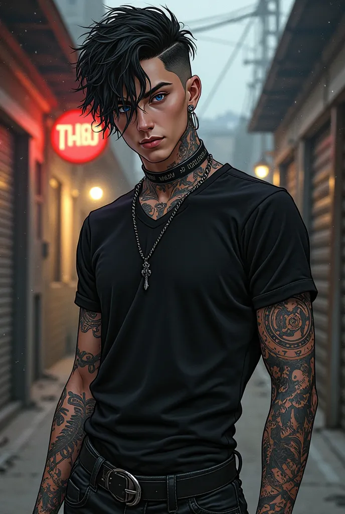 fais moi un jeune homme de 17 ans, style rock avec des yeux sombre, tatoué, vetements noirs, dans un style dessin 