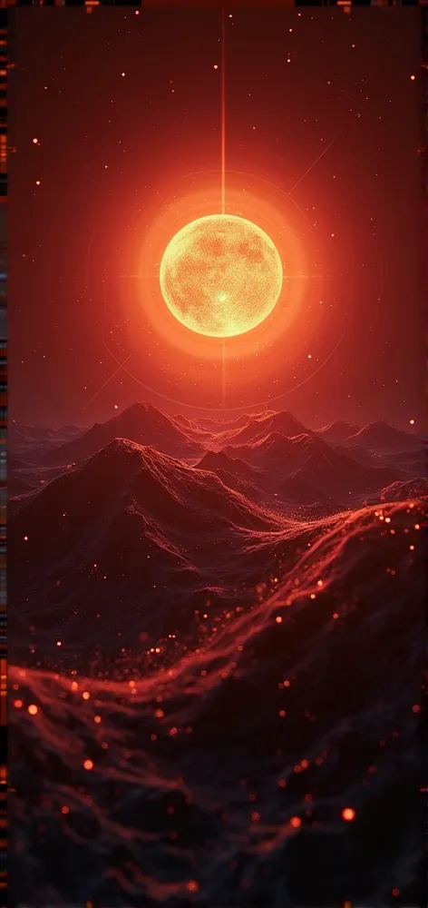 A futuristic and elegant depiction of a radiant, abstract sun positioned in the upper part of the image, symbolizing mental activation at the start of the day. The sun emits hypnotic, flowing energy waves in deep carmine red, subtly illuminating the dark b...