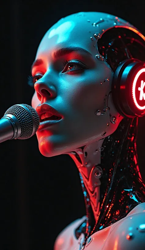 photorealistic image of an eye contact with a sensual futuristic robot woman singing with a microphone, studio lights, black background, chiaroscuro, soft red and blue led lighting