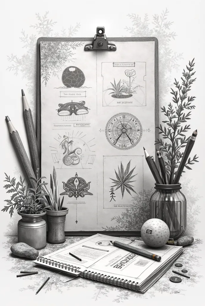 Draw a still life with elements from the Bachelor's degree in Advertising, Mention, Graphic Design, using the following techniques, which are pencils., Chinese ink and pattern