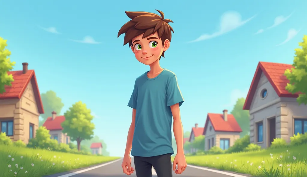 Continuation of style and character. The  is on the road, around it are houses, the grass is spring green.  The sky is clear , blue color. The boy is brunette, has green eyes, blue t-shirt, black pants. Stil animat