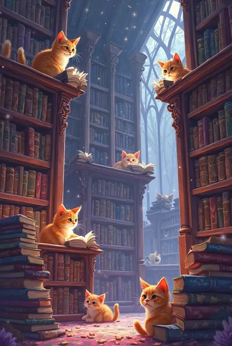 Library full of cats reading. purple and blue colors 