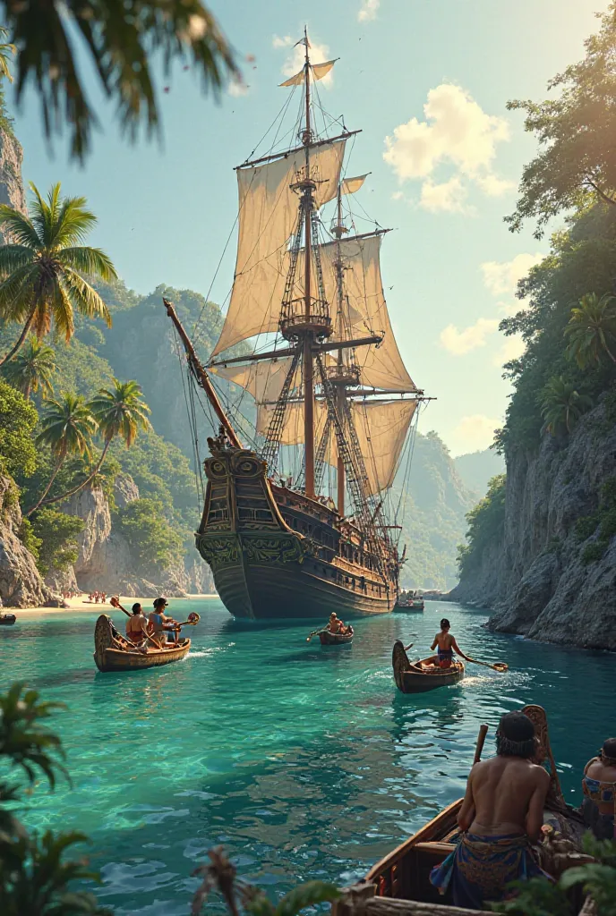 17th century ship docked in a cove of a tropical island with native canoes a round her.