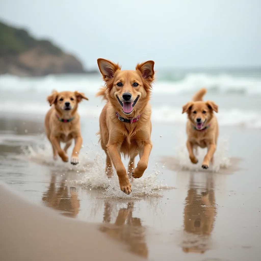 Happy dog running on the beach with his mother and siblings 