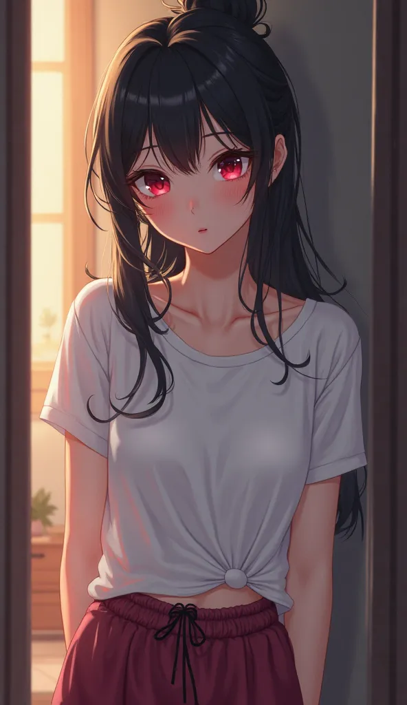 Beautiful girl with black hair fully bundled, pale skin with blush and red eyes comes out of the door. She is wearing burgundy pajama long pants and a t-shirt. digital painting, anime