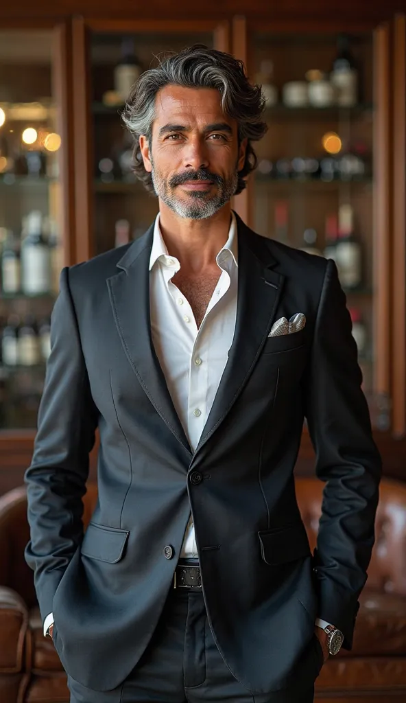 Alejandro Santiago [2] = 60 [3] = Spanish [4] = Alejandro has deep-set hazel eyes, high cheekbones, and a well-trimmed salt-and-pepper mustache. His wavy, dark brown hair is streaked with silver, giving him a distinguished look. He has a warm, inviting smi...