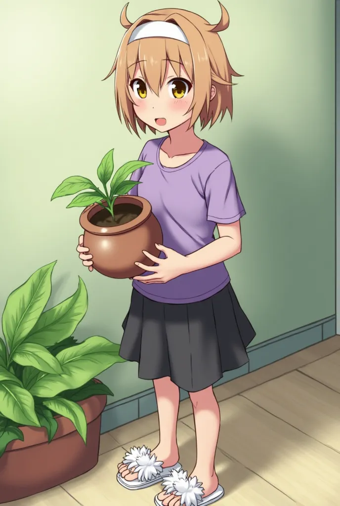 anime; Light brown girl with short hair styled backwards;  amber eyes; with a violet-colored shirt; medium size black skirt ; Use a planter on top; Wear white Hawaiian slippers; She wears a headband on her hair; brown skin;