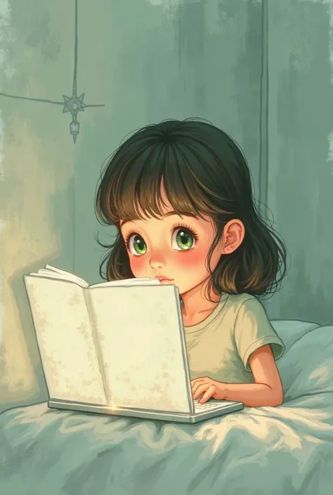 A girl with mesmerizing green eyes listening intently to a story unfolding from a laptop screen. The color scheme is light and airy, using a palette of calming pastels: soft greens, gentle pinks, and creamy whites. The overall mood is peaceful and serene, ...