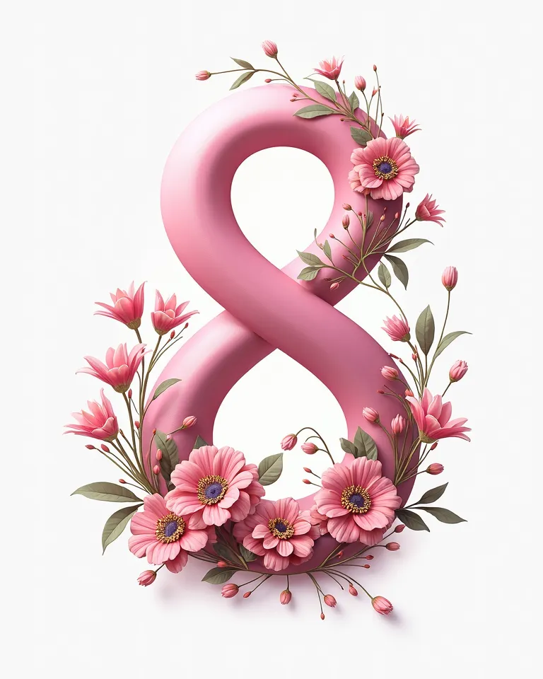 Beautiful postcard on a white background pink number eight, all the inscription decorated with flowers below is an atmosphere of tenderness 