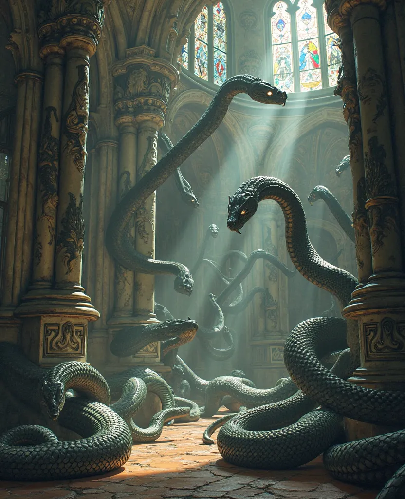 serpents lurking in churches, highest detail, highest definition, highest quality 