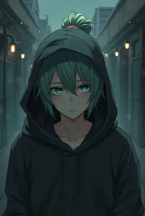 make me a depressed anime masculine man with a hoodie with a light green hair with a realistic full bun hair, and make the background dark aesthetic