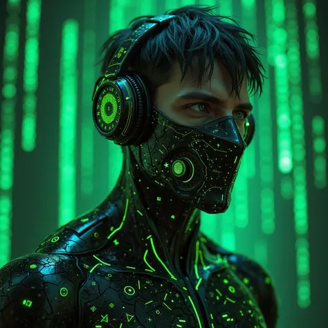 A futuristic cyberpunk male cyborg with a high-tech design. His skin is black with glowing green circuit patterns, giving him an advanced technological appearance. He wears integrated headphones with mechanical details and green lights. His hair is short, ...