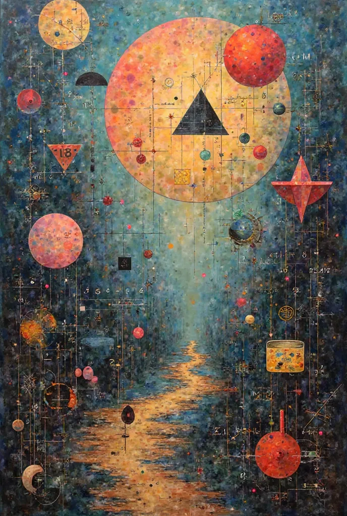 A painting featuring mathematical signs in the avant-garde surrealist style