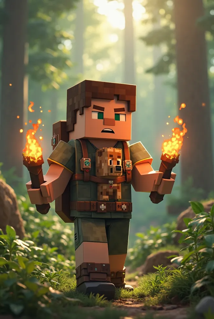 Make me a minecraft character who is in the forest and has torches and a dog in his chest