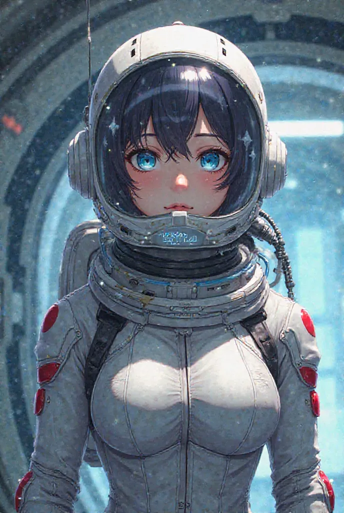 A  anime girl in a full-body enclosed, tight spacesuit with tubes connected to her helmet's Inner mask port, while also connected to her breasts and info being displayed on her helmet's visor. While floating in a futuristic space station.