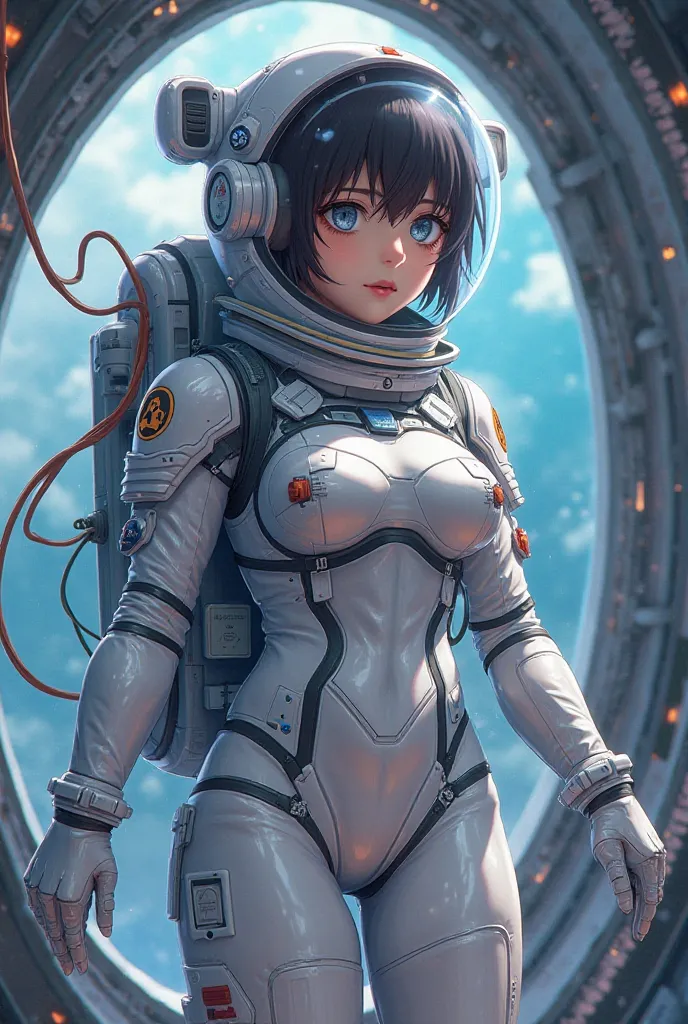 A  anime girl in a full-body enclosed, tight spacesuit with tubes connected to her helmet's Inner mask port, while also connected to her breasts and info being displayed on her helmet's visor. While floating in a futuristic space station.