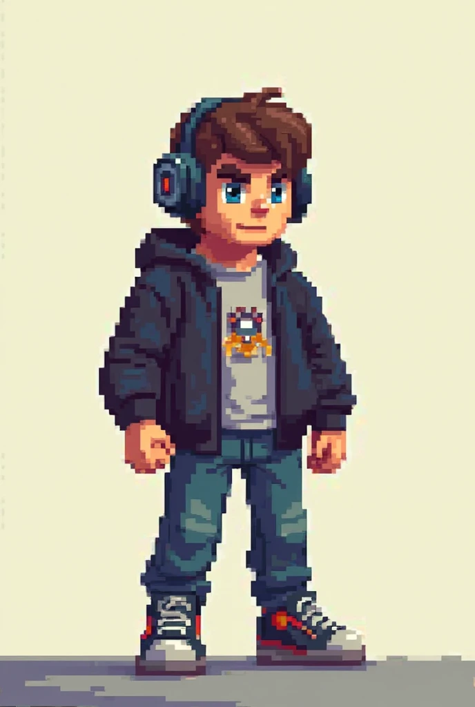 Pixelated gamer character looking straight ahead, ager