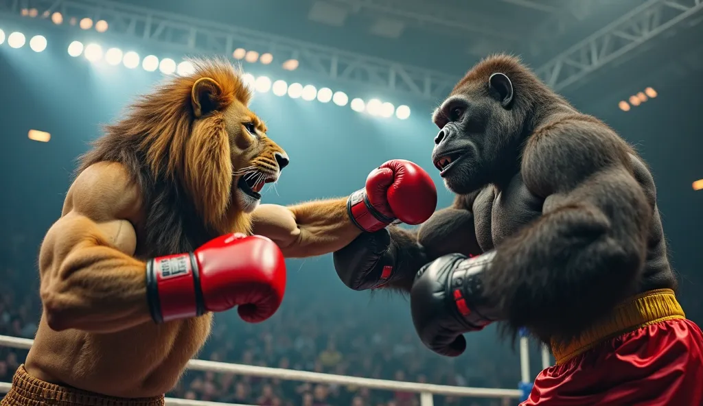 "A fierce lion wearing red boxing gloves throws a powerful punch at a muscular gorilla inside a professional boxing ring. The lion's muscles tense as it delivers the blow, and the gorilla braces itself for impact. The bright spotlights shine down on the in...